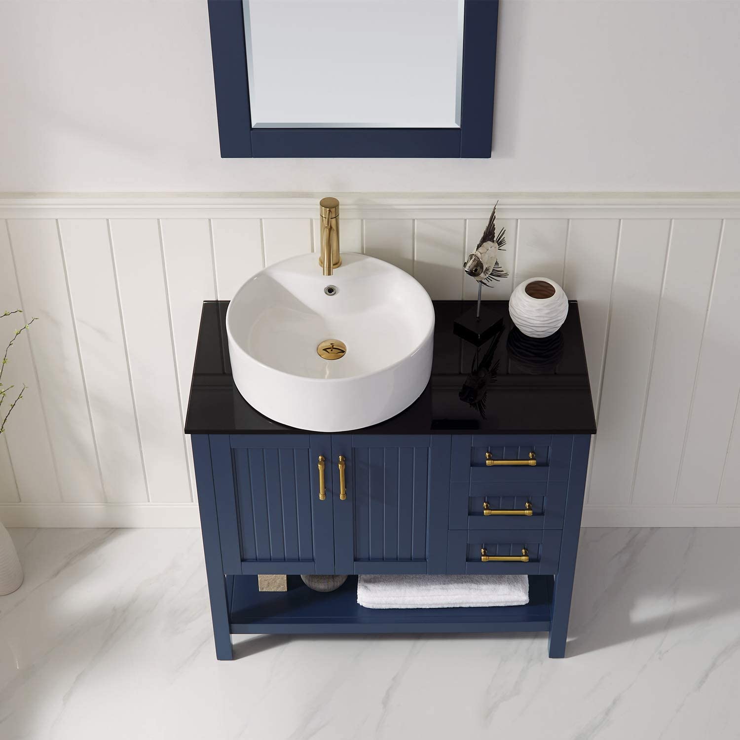 Vinnova Modena 36” Bathroom Vanity Set in Royal Blue w/ Glass Countertop w/ White Vessel Sink | 756036-RB-BG