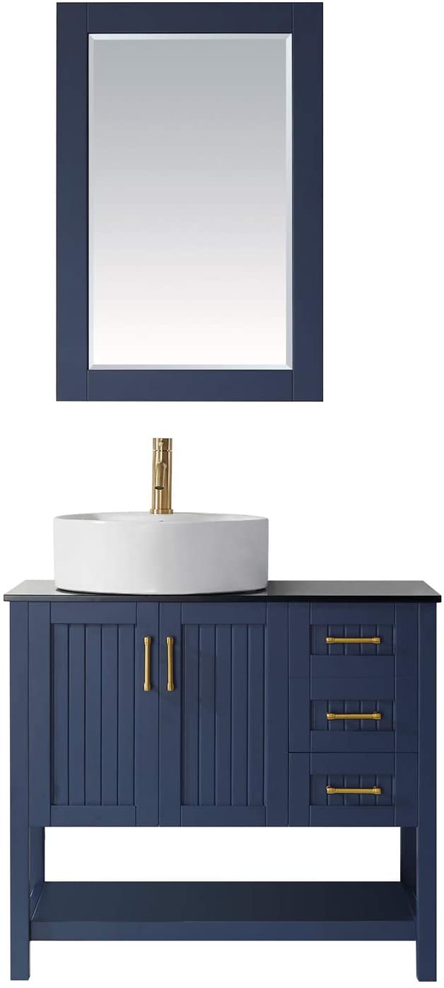 Vinnova Modena 36” Bathroom Vanity Set in Royal Blue w/ Glass Countertop w/ White Vessel Sink | 756036-RB-BG