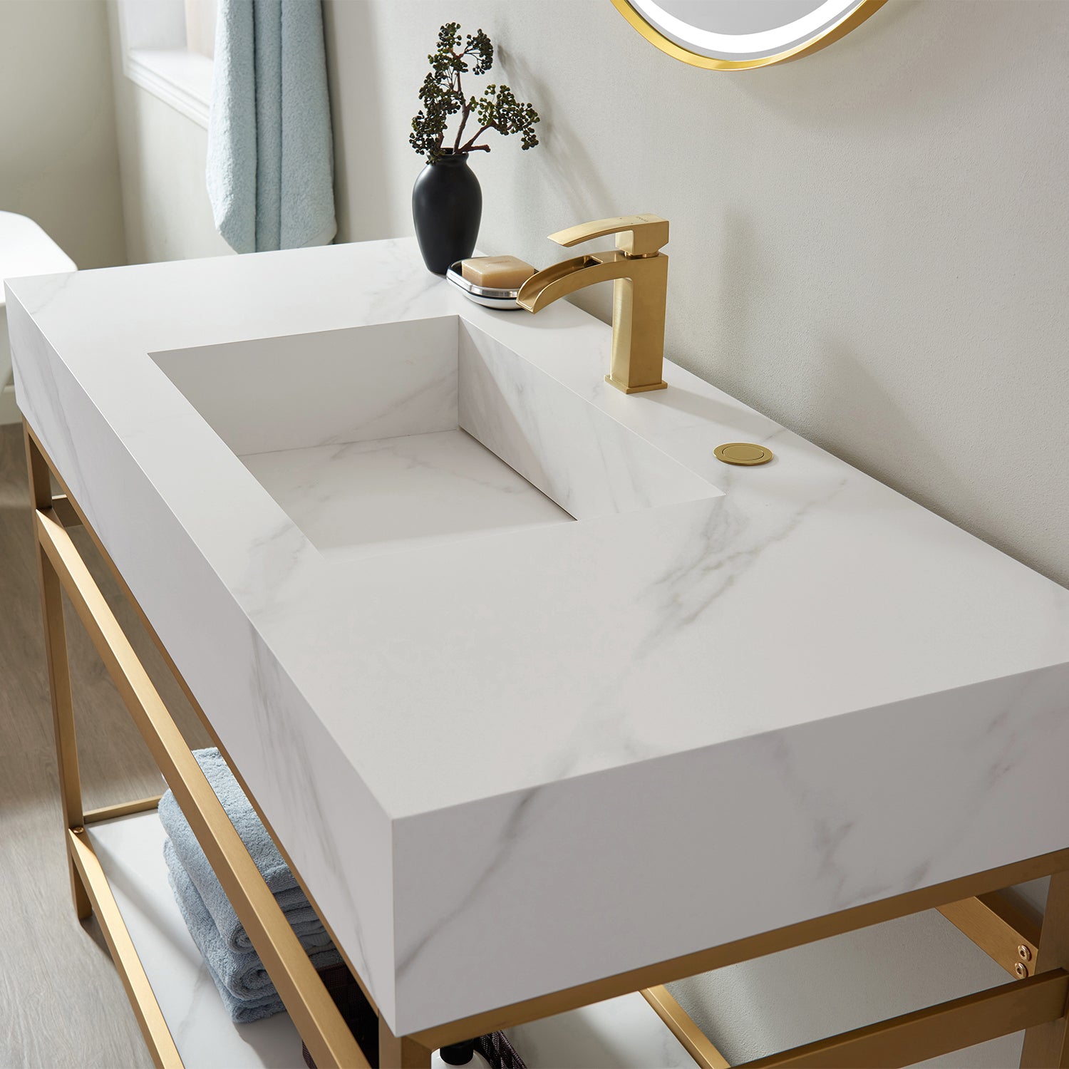 Vinnova Bilbao 48" Bathroom Vanity Set w/ Brushed-Gold & Snow-white Faux-stone Countertop | 701148-BG-SMB