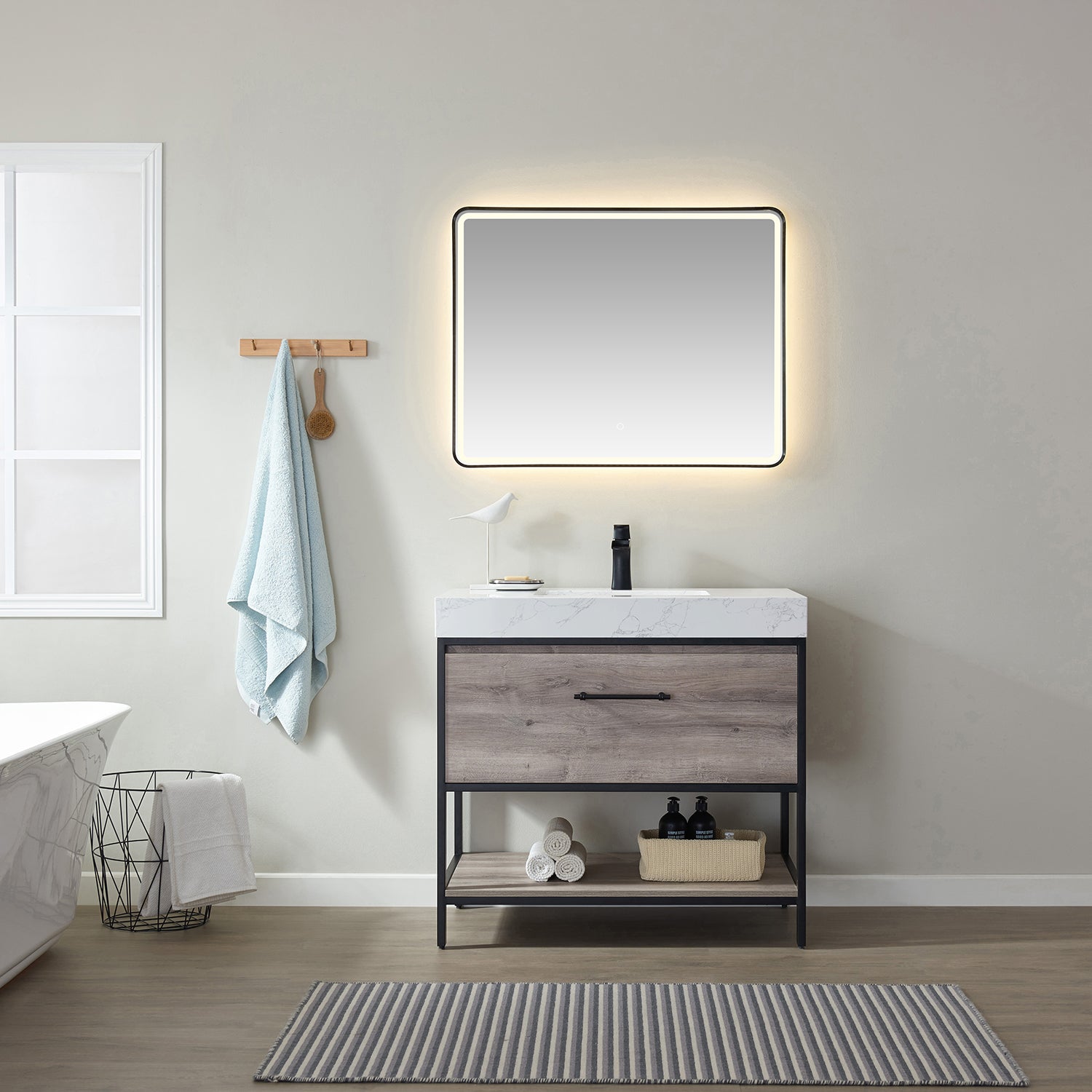 Vinnova Palma 36" Bathroom Vanity Set in Mexican Oak w/ White Composite Grain Stone Countertop | 701236-MXO-GW