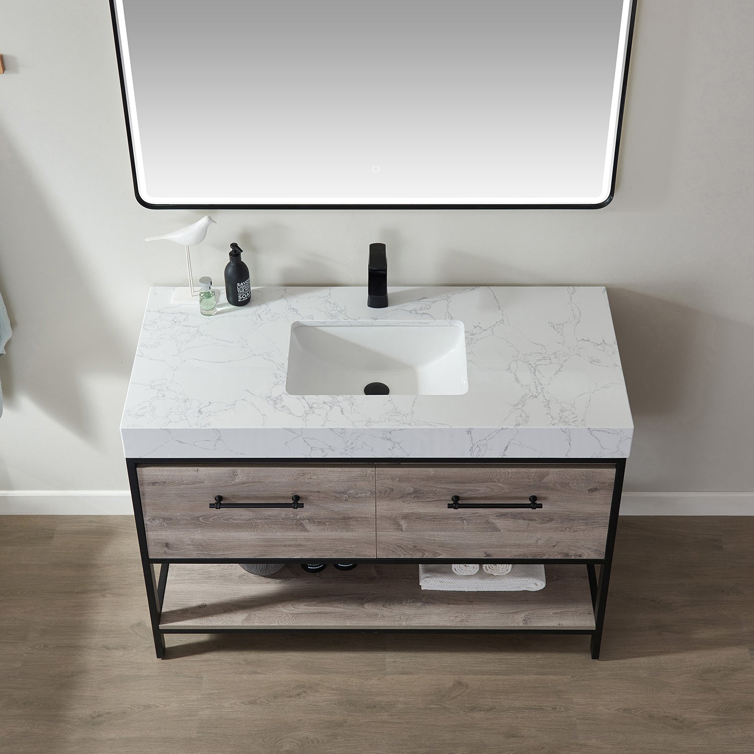 Vinnova Palma 48" Bathroom Vanity Set in Mexican Oak w/ White Composite Grain Stone Countertop | 701248-MXO-GW