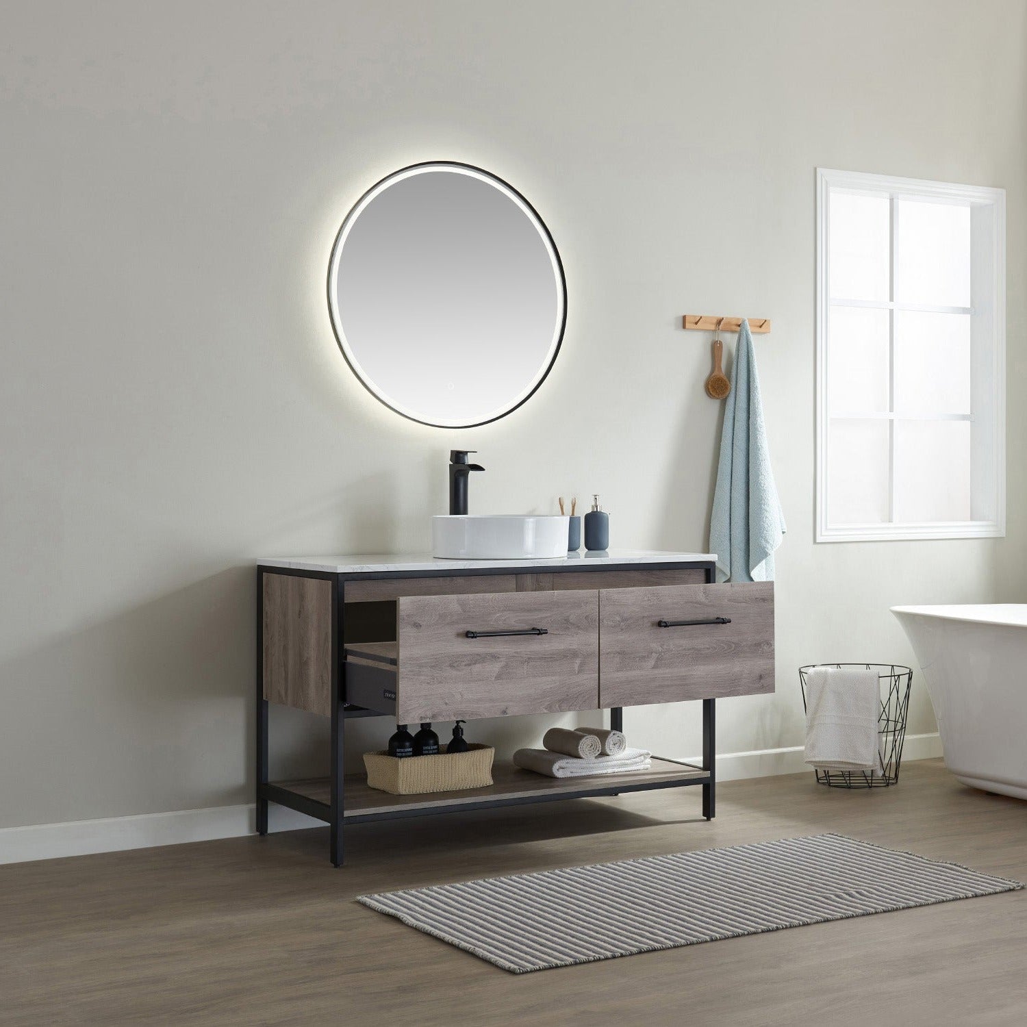 Vinnova Murcia 48" Bathroom Vanity Set in Mexican Oak w/ White Composite Grain Stone Countertop & vessel sink | 701348-MXO-GW