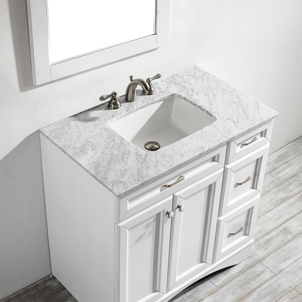 Vinnova Naples 36" Bathroom Vanity Set in White w/ Carrara White Marble Countertop | 710036-WH-CA