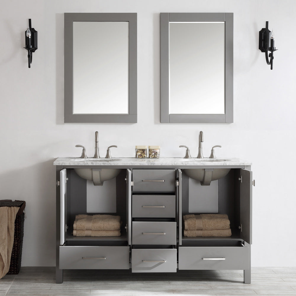 Vinnova Gela 60" Bathroom Double Vanity Set in Grey w/ Carrara White Marble Countertop | 723060-GR-CA