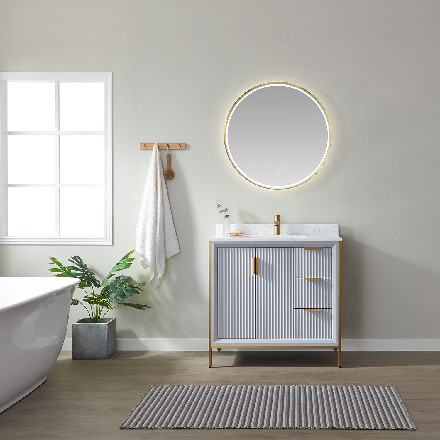 Vinnova Granada 36" Bathroom Vanity Set in Grey w/ White Composite Grain Stone Countertop | 736036-PG-GW