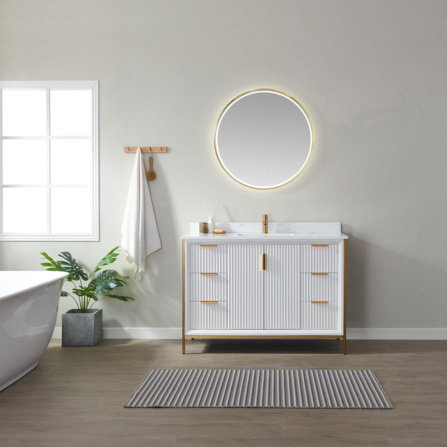 Vinnova Granada 48" Bathroom Vanity Set in White w/ White Composite Grain Stone Countertop | 736048-WH-GW