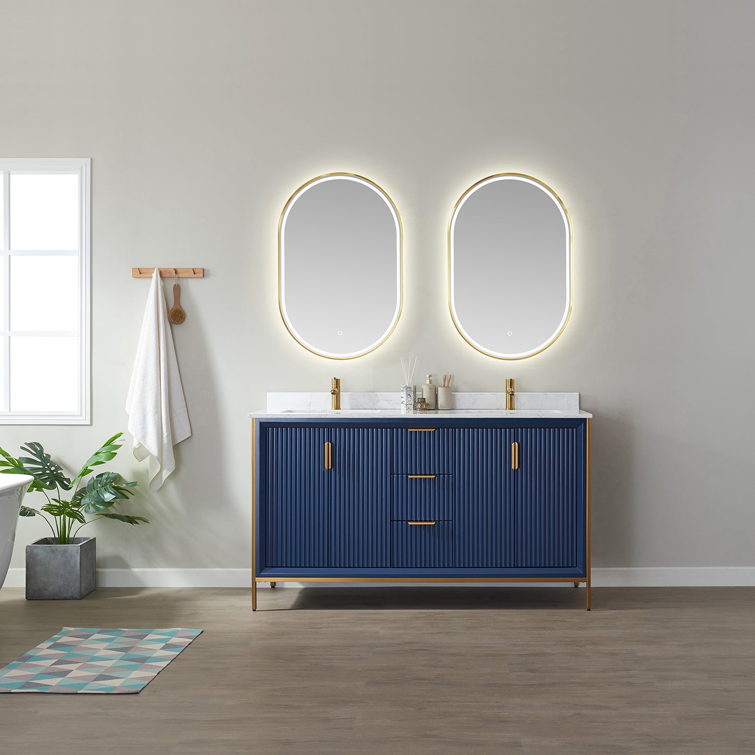 Vinnova Granada 60" Bathroom Vanity Set in Blue w/ White Composite Grain Stone Countertop | 736060-RB-GW