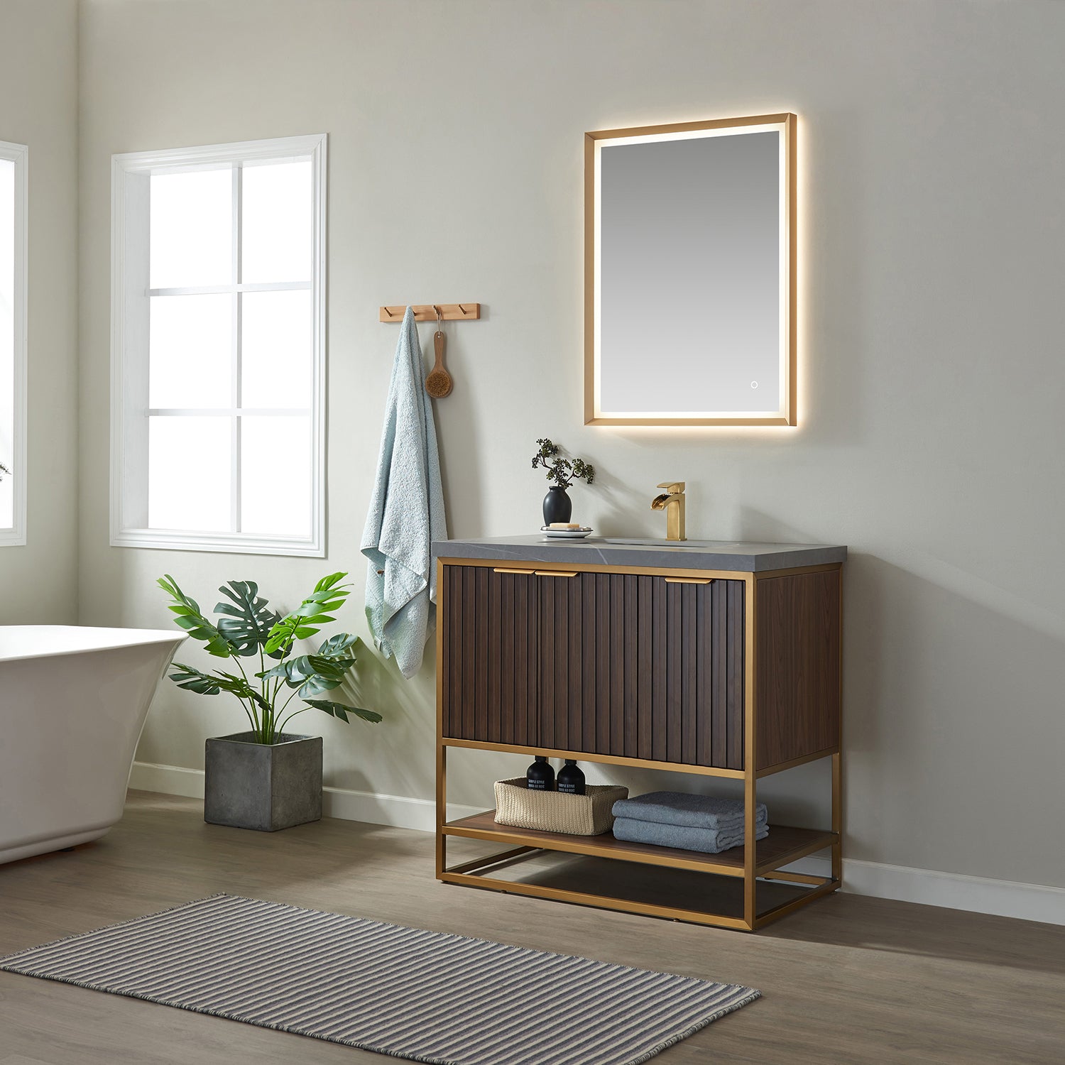 Vinnova Donostia 36" Bathroom Vanity Set in Walnut w/ Grey Composite Armani Limestone Board Stone Countertop | 737036-NLW-ALB