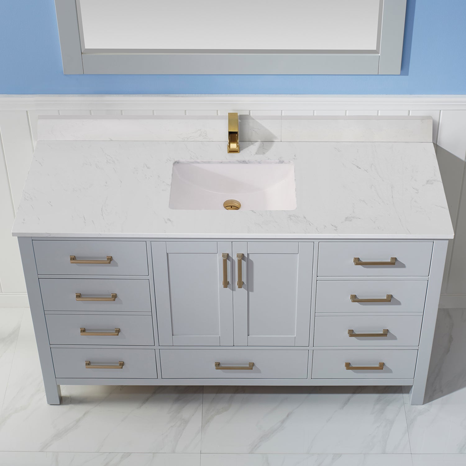 Vinnova Shannon 60" Bathroom Vanity Set in Grey & Composite Carrara White Stone Countertop | 785060-PG-WS
