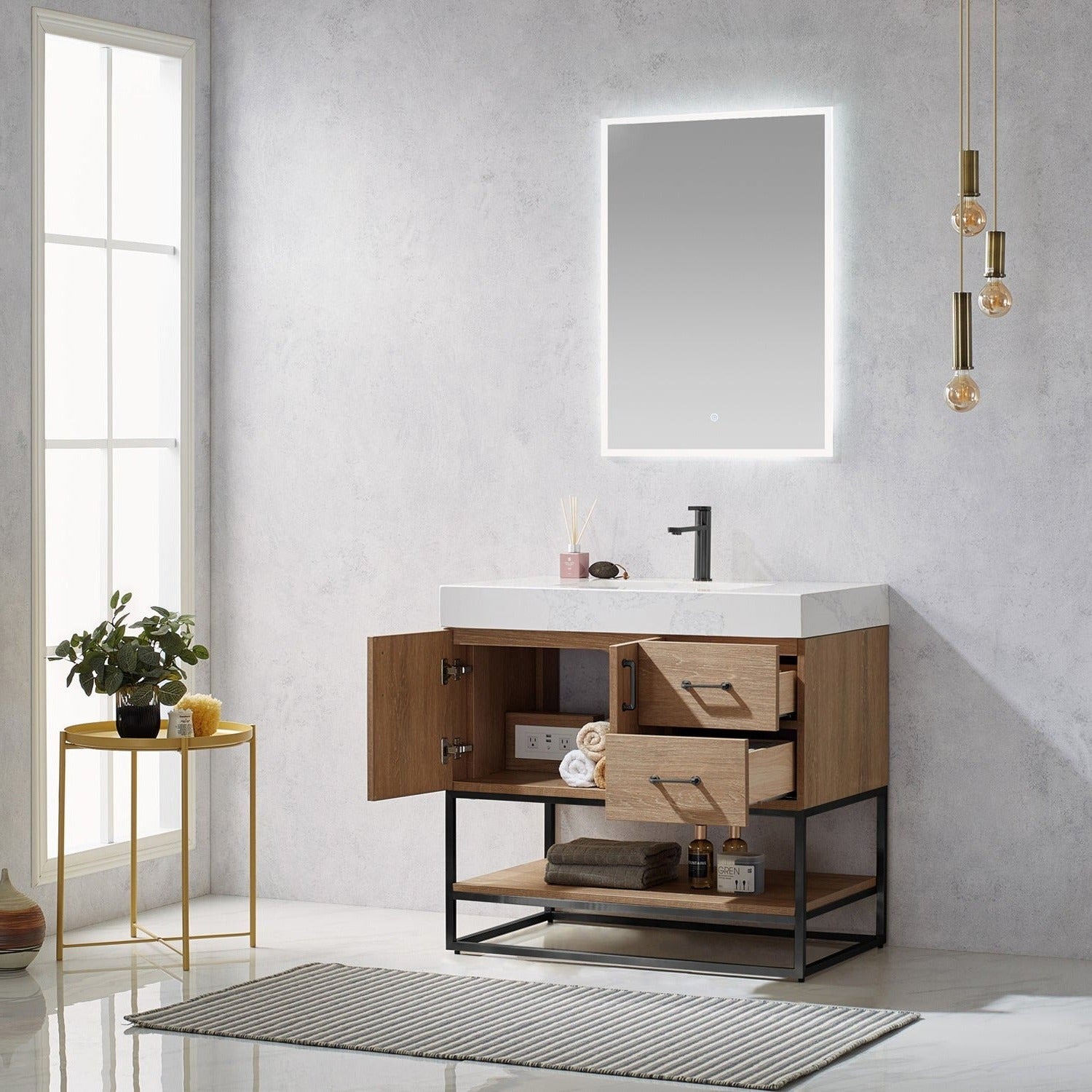 Vinnova Alistair 36" Bathroom Vanity Set in American Oak w/ White Grain Stone Countertop | 789036B-NO-GW