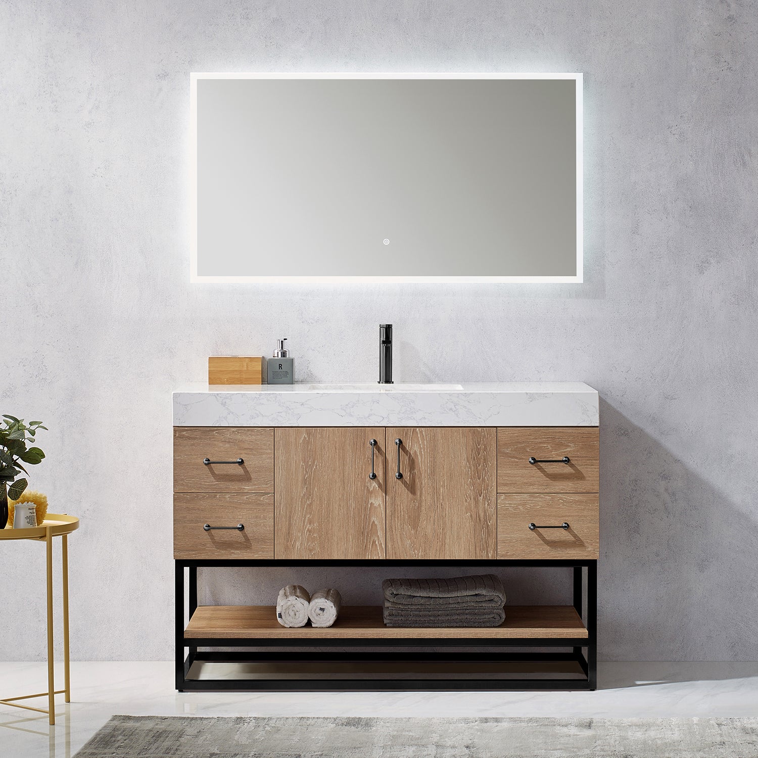 Vinnova Alistair 48" Bathroom Vanity Set in American Oak w/ White Grain Stone Countertop | 789048B-NO-GW