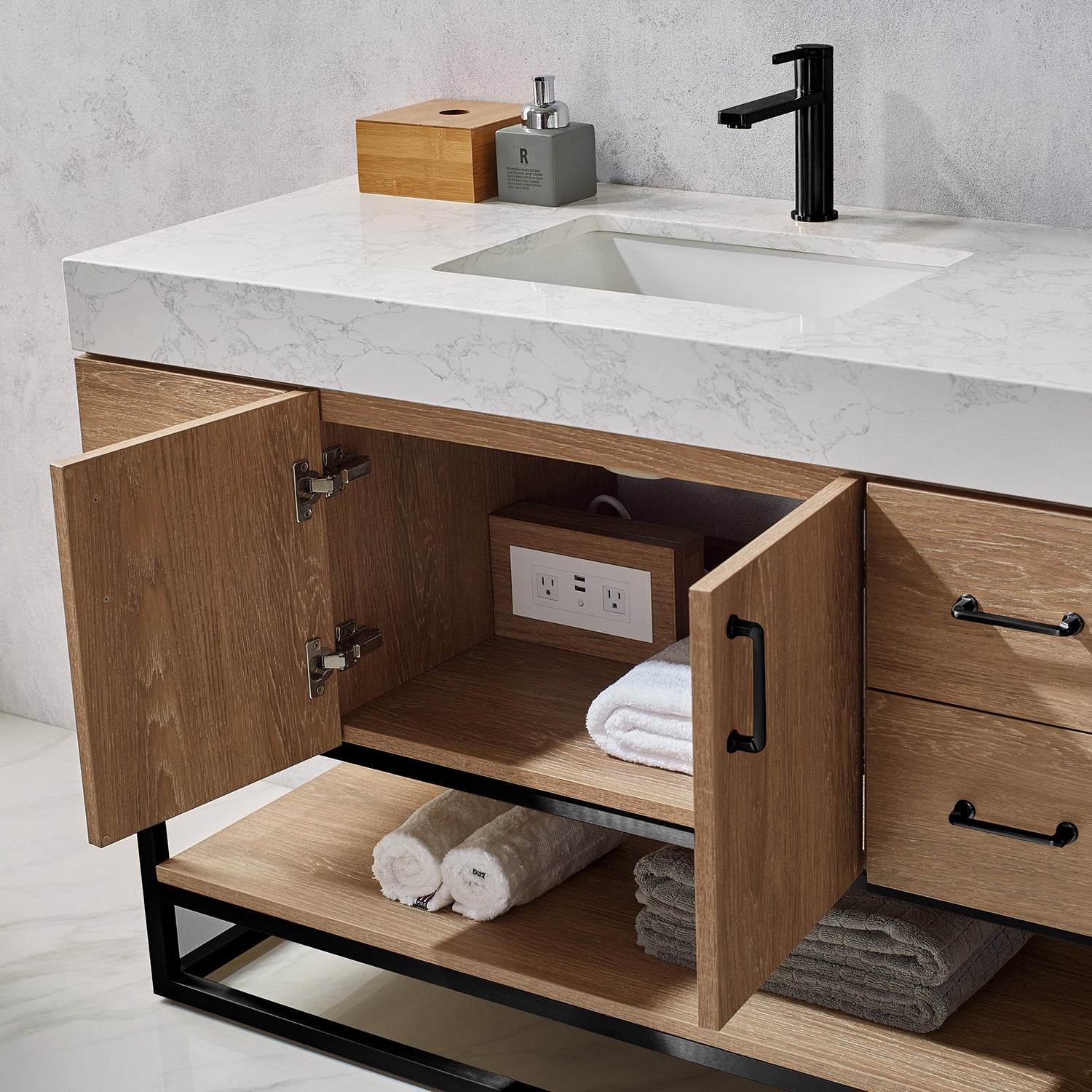 Vinnova Alistair 48" Bathroom Vanity Set in American Oak w/ White Grain Stone Countertop | 789048B-NO-GW