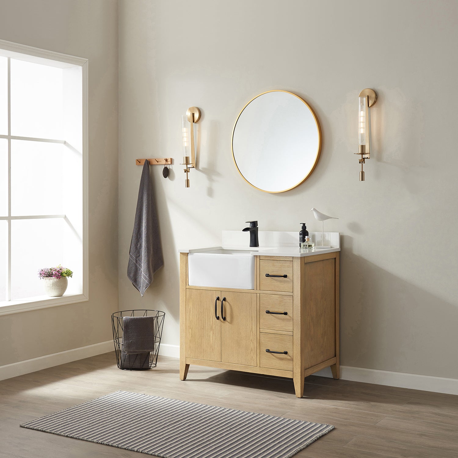 Vinnova Sevilla 36" Bathroom Vanity Set in Ash Wood w/ White Composite Stone Countertop | 797036-WA-WH