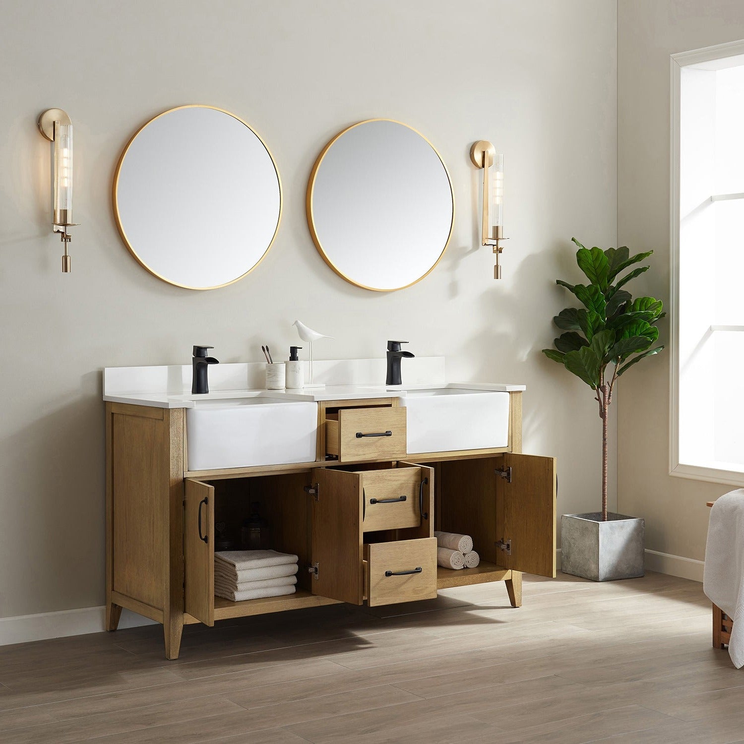 Vinnova Sevilla 60" Bathroom Vanity Set in Ash Wood w/ White Composite Stone Countertop | 797060-WA-WH