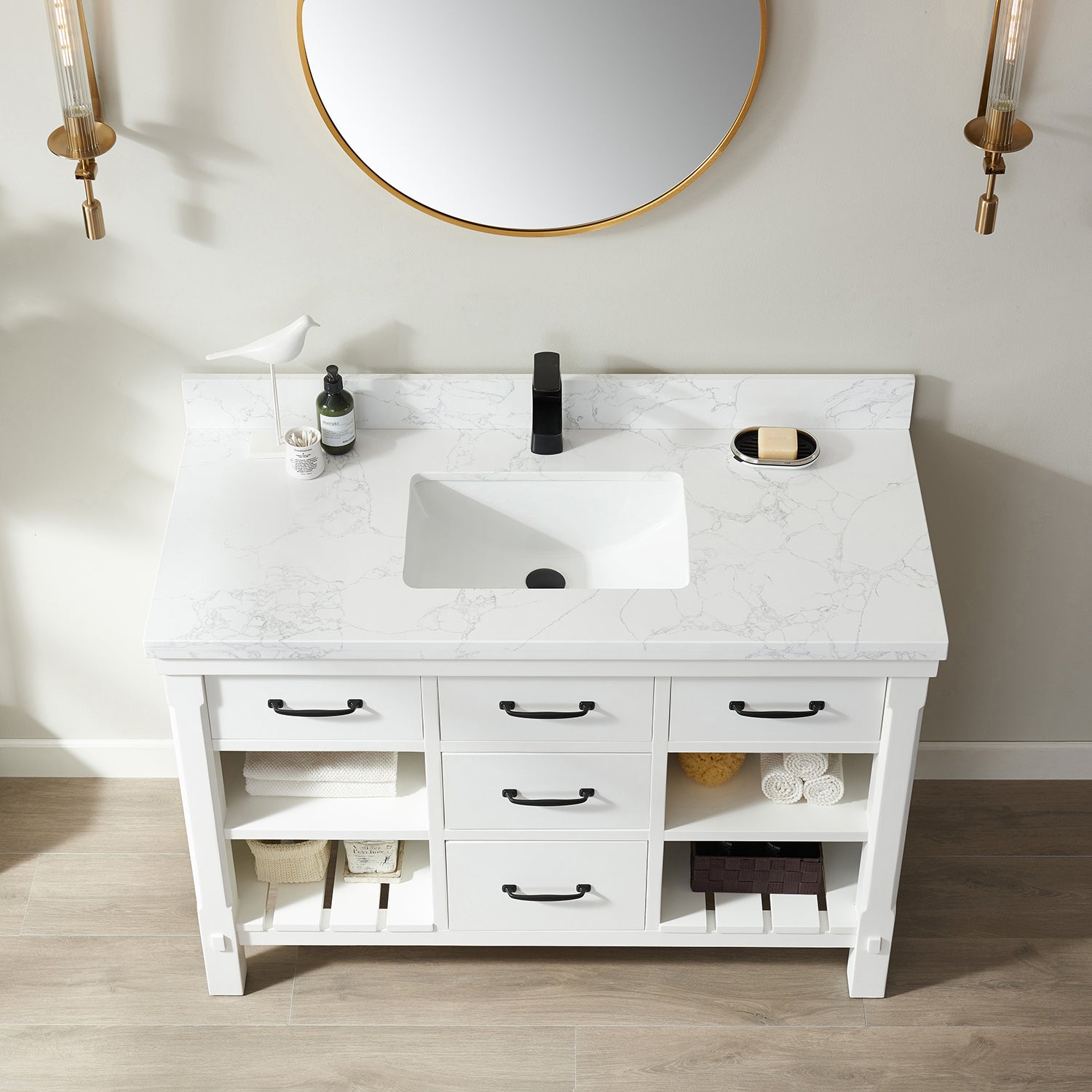 Vinnova Valencia 48" Bathroom Vanity Set in White w/ White Composite Grain Stone Countertop | 798048-WH-GW
