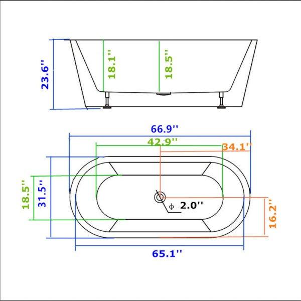 Legion Furniture 67″ L x 31.4″ W x 22″ H White Freestanding Tub - Double Ended Style WE6815