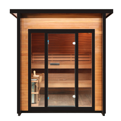 A modern wooden sauna cabin with a black metal frame and glass doors, showing warm wood interior shelves and benches, isolated on a white background.
