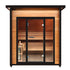 A modern wooden sauna cabin with a black metal frame and glass doors, showing warm wood interior shelves and benches, isolated on a white background.