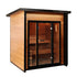 A compact wooden sauna with a warm brown wood finish, black frame, and glass doors, shown on a plain white background.