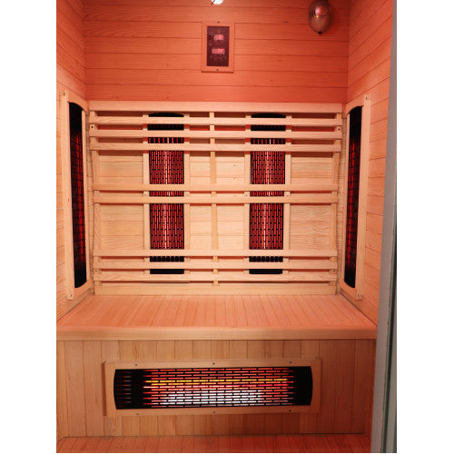 Infrared sauna with wooden interior and heating elements.