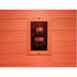 Wooden sauna wall with digital control panel displaying temperature and time.