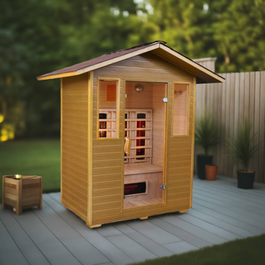 Available at Findyourbath.com Sunray "Grandby" Infrared Outdoor Sauna | 3-Person w/ Hemlock - HL300D