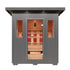 Infrared sauna with gray exterior and glass door showing wooden interior.