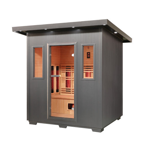 Infrared sauna with wooden interior and gray exterior on a white background