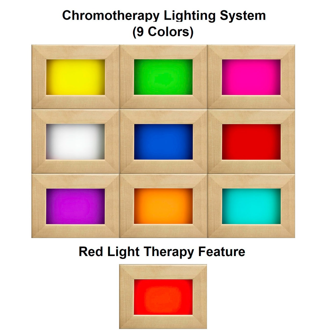 Chromotherapy lighting system with nine colored boxes and a red light therapy feature.