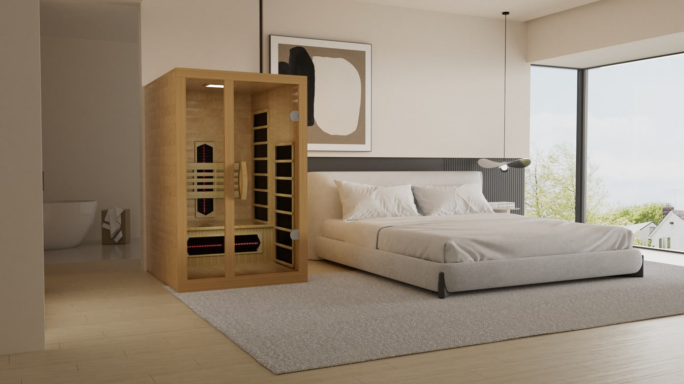 Modern bedroom with a wooden sauna unit and large windows.