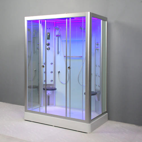 Modern steam shower cabin with glass doors on a gray background