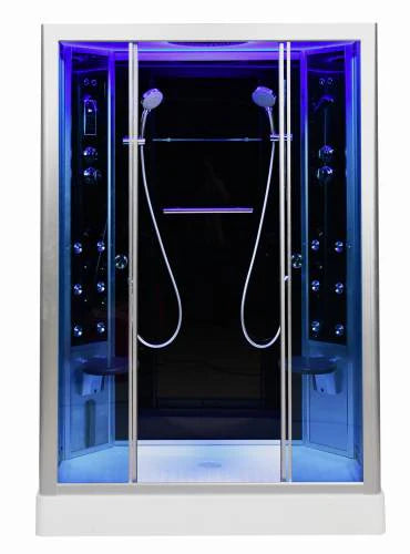 Modern shower cabin with blue LED lighting and handheld shower heads.