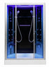 Modern shower cabin with blue LED lighting and handheld shower heads.