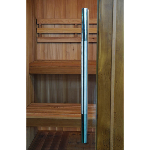Wooden sauna with a metal handle on a white background