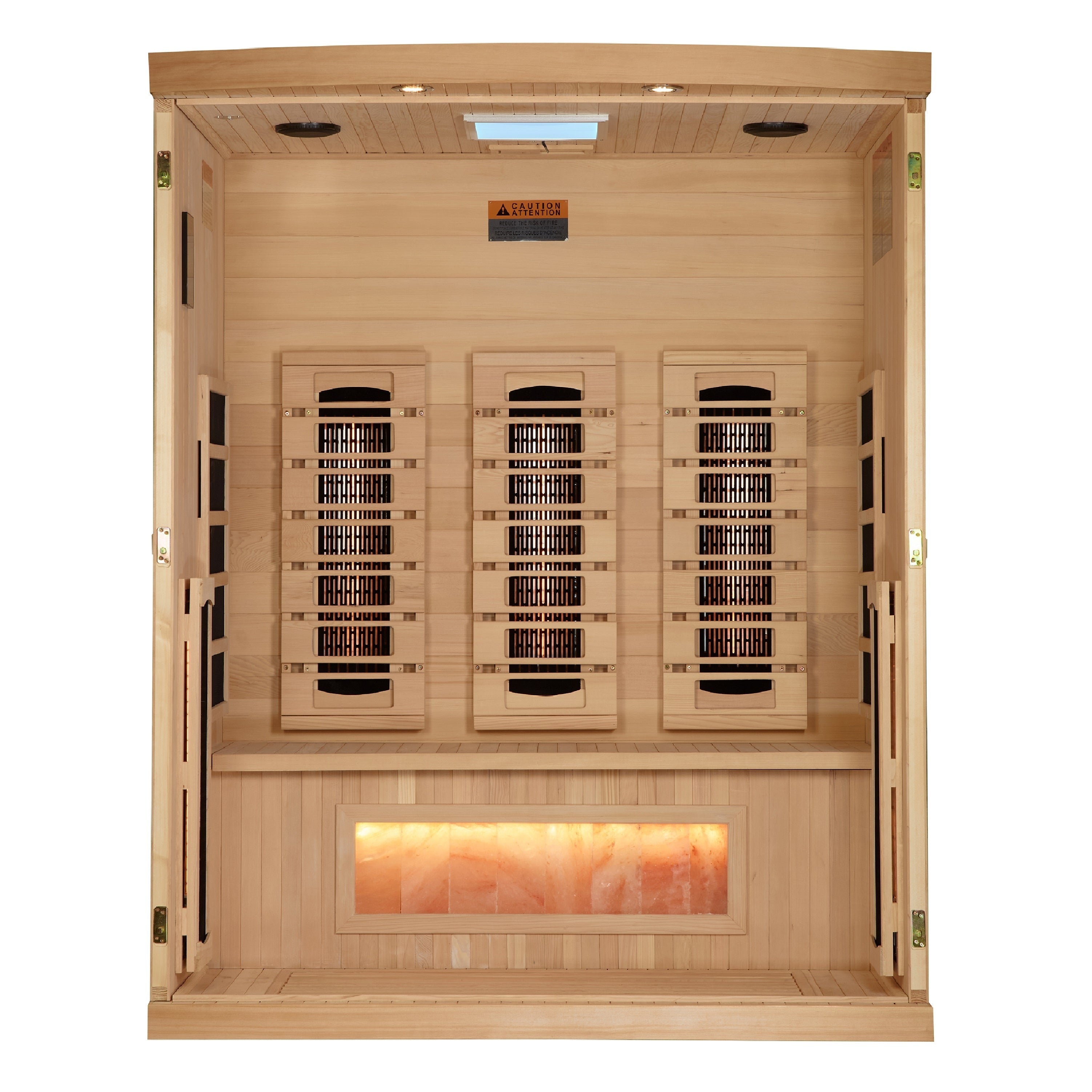 Buy online at Findyourbath.com-Golden Designs 3-Person Full Spectrum PureTech™ Near Zero EMF FAR Infrared Sauna w/ Himalayan Salt Bar & Hemlock | GDI-8030-02