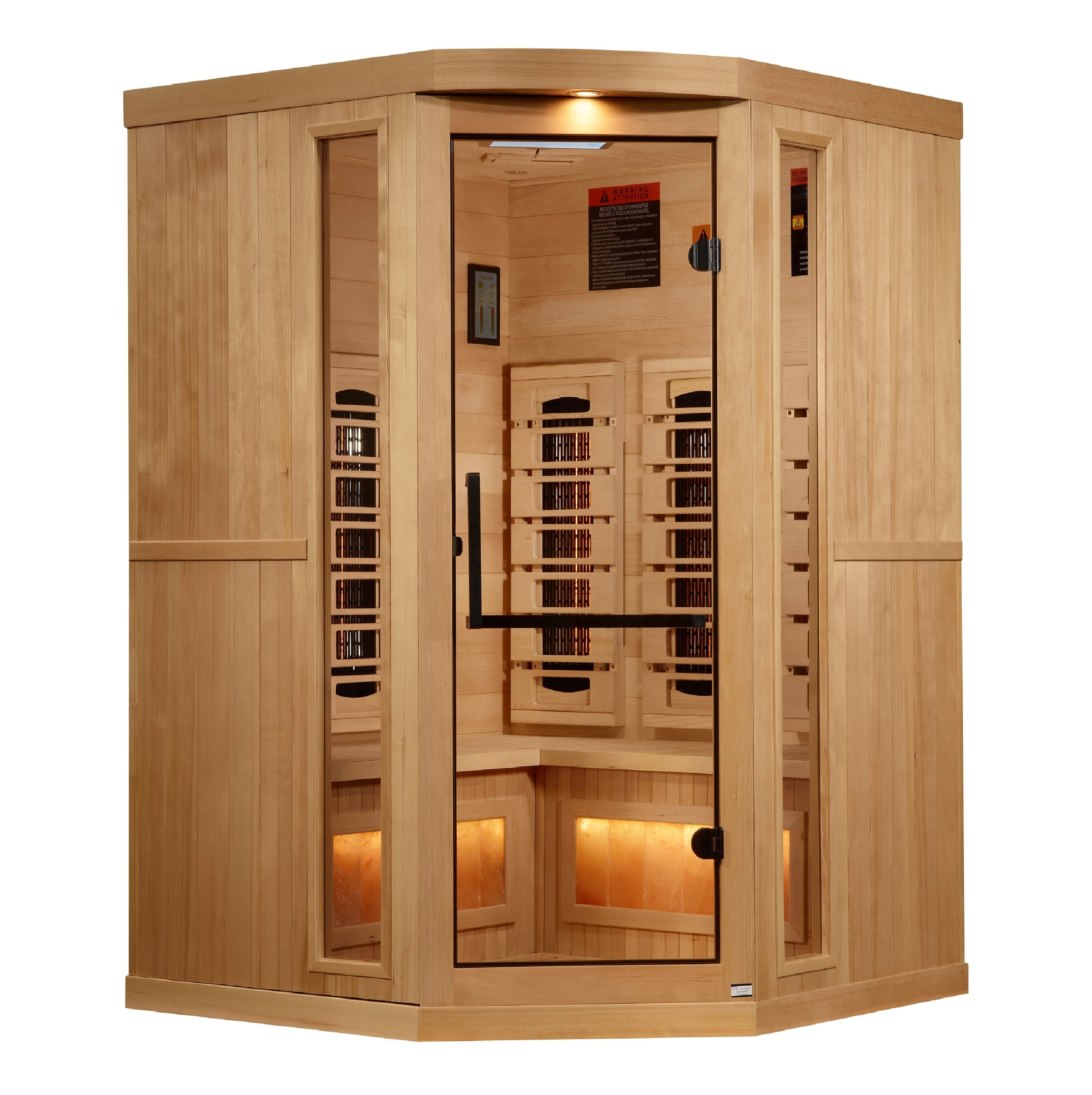 Buy online at Findyourbath.com-Golden Designs 3-Person Corner Full Spectrum PureTech™ Near Zero EMF FAR Infrared Sauna w/ Himalayan Salt Bar & Hemlock | GDI-8035-03