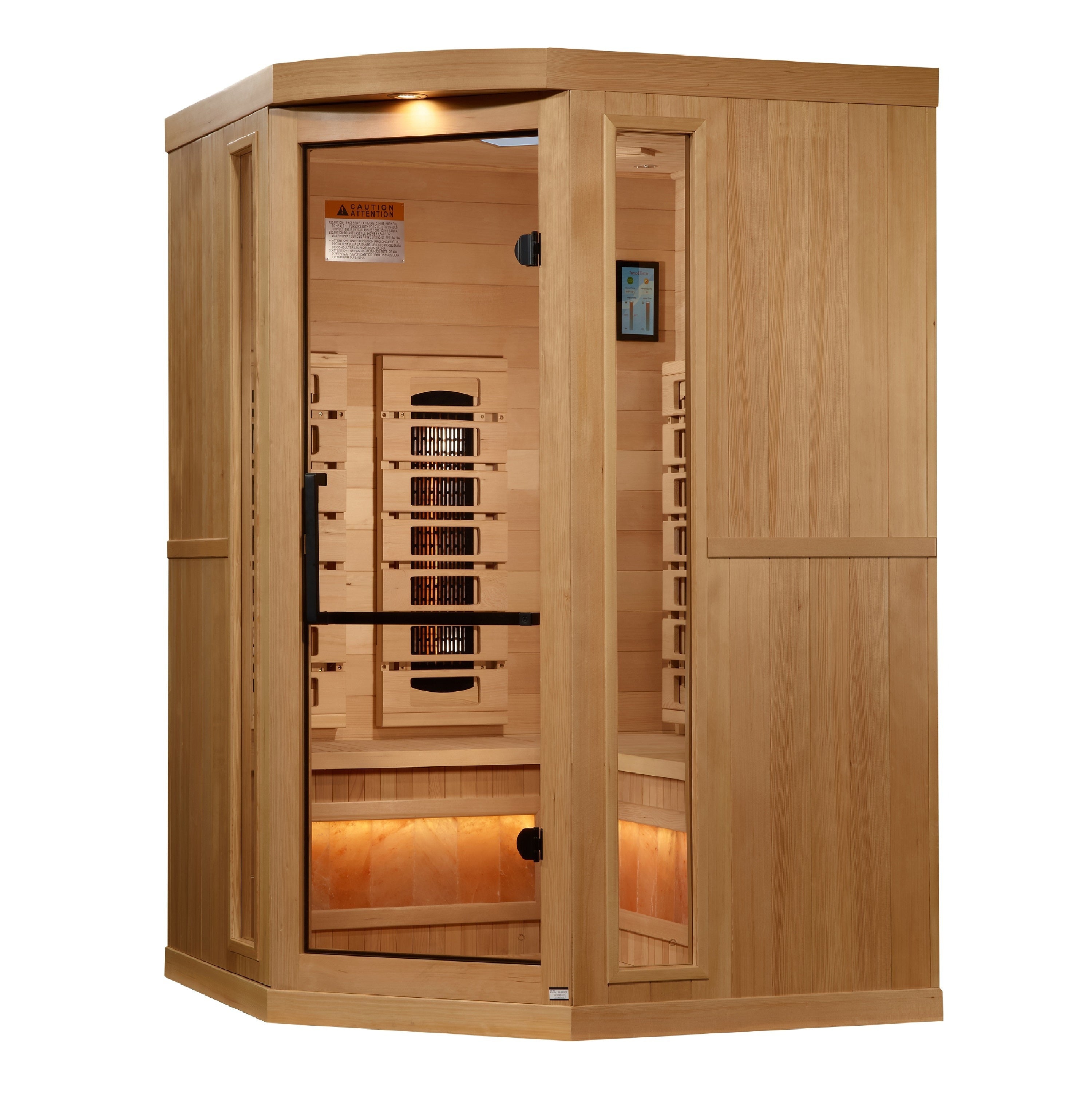 Buy online at Findyourbath.com-Golden Designs 3-Person Corner Full Spectrum PureTech™ Near Zero EMF FAR Infrared Sauna w/ Himalayan Salt Bar & Hemlock | GDI-8035-03