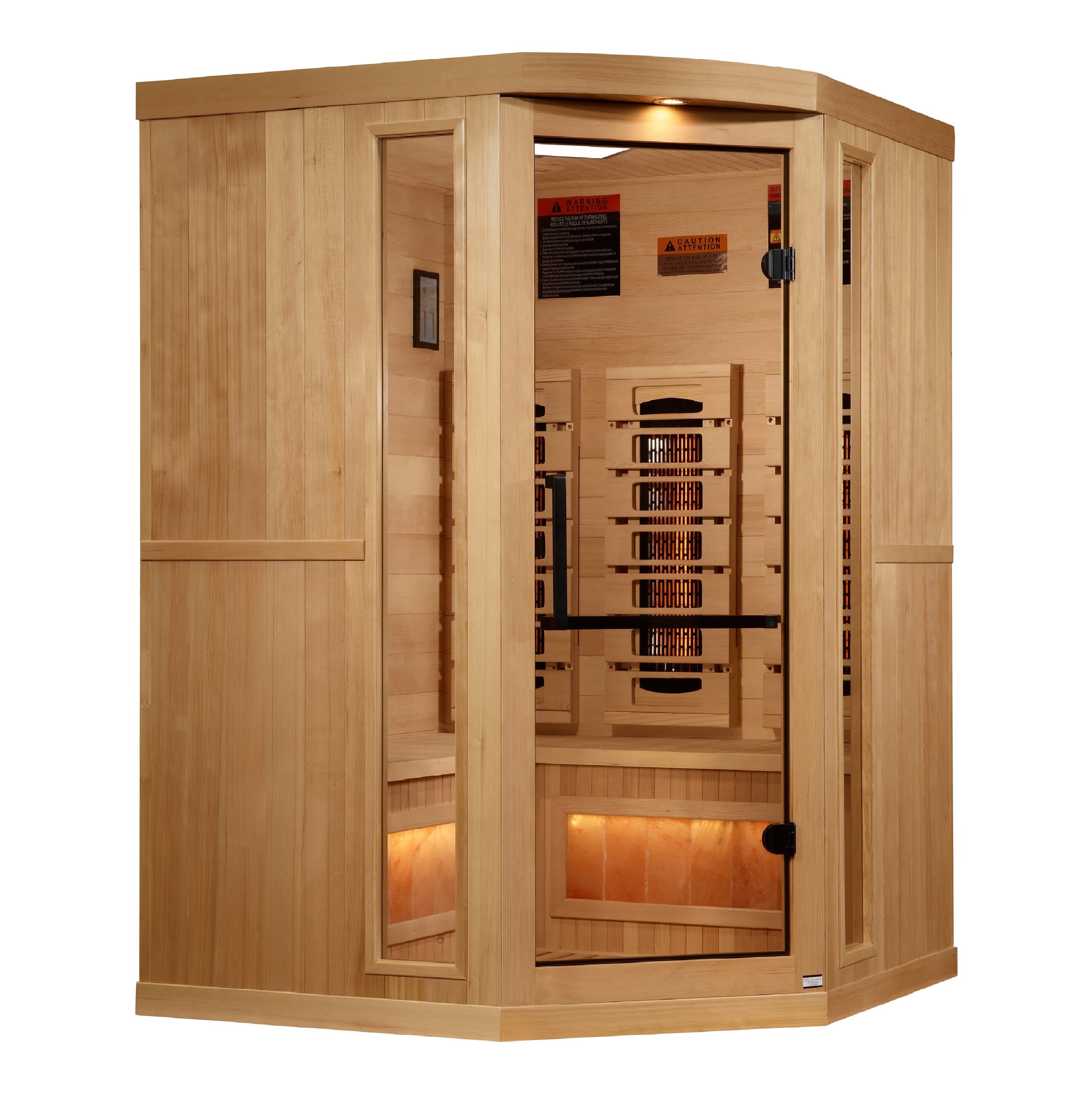 Buy online at Findyourbath.com-Golden Designs 3-Person Corner Full Spectrum PureTech™ Near Zero EMF FAR Infrared Sauna w/ Himalayan Salt Bar & Hemlock | GDI-8035-03