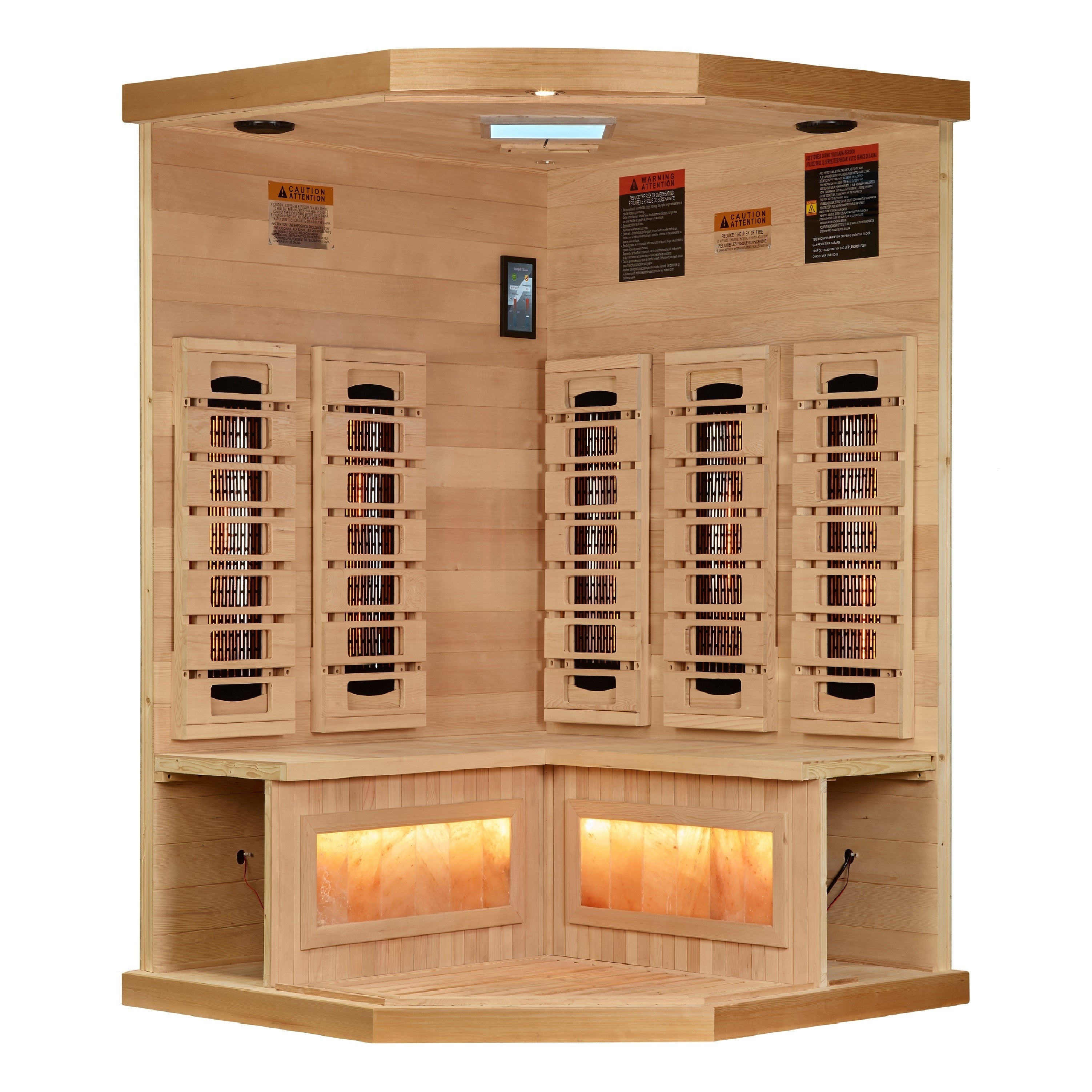 Buy online at Findyourbath.com-Golden Designs 3-Person Corner Full Spectrum PureTech™ Near Zero EMF FAR Infrared Sauna w/ Himalayan Salt Bar & Hemlock | GDI-8035-03