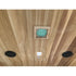Wooden ceiling with embedded lights and speakers