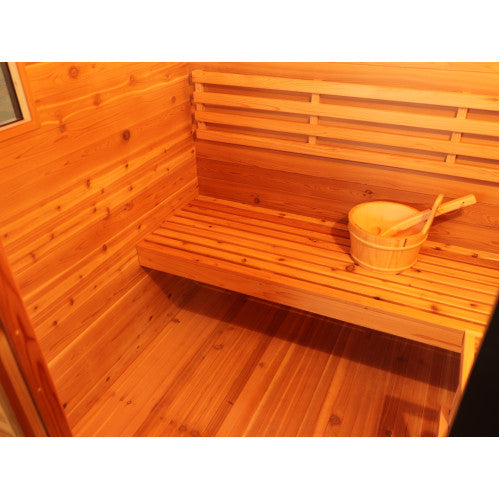 Wooden sauna with a bench and bucket on a white background