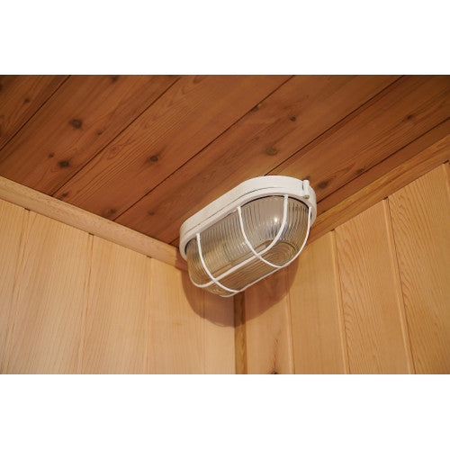 Ceiling light fixture on a wooden ceiling