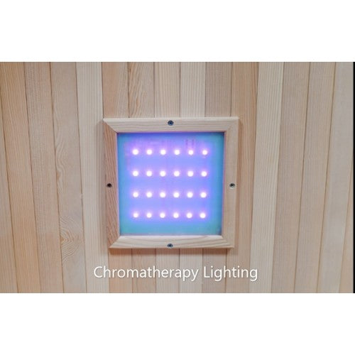 LED light panel on a wooden wall with 'Chromatherapy Lighting' text.