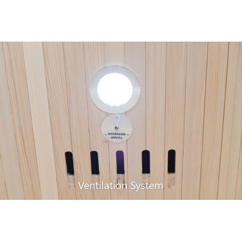 Ventilation system with circular light fixture and brand name on wooden panel