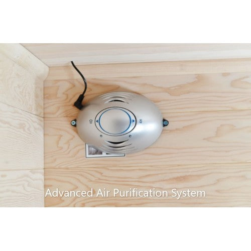 Advanced air purification system on a wooden floor with text overlay
