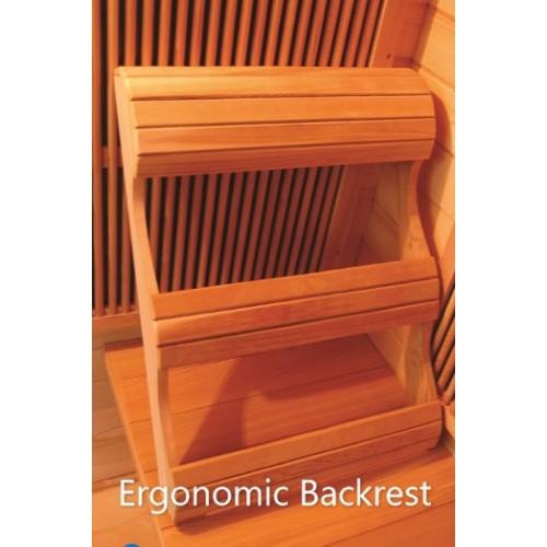 Wooden ergonomic backrest with text on a white background
