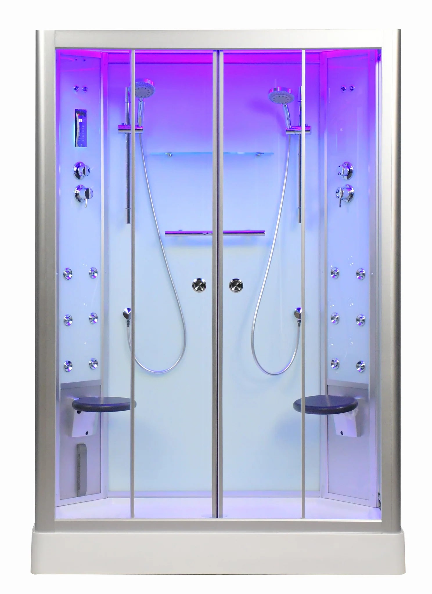 Modern steam shower cabin with glass doors and control panels on a white background