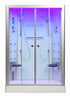 Modern steam shower cabin with glass doors and control panels on a white background