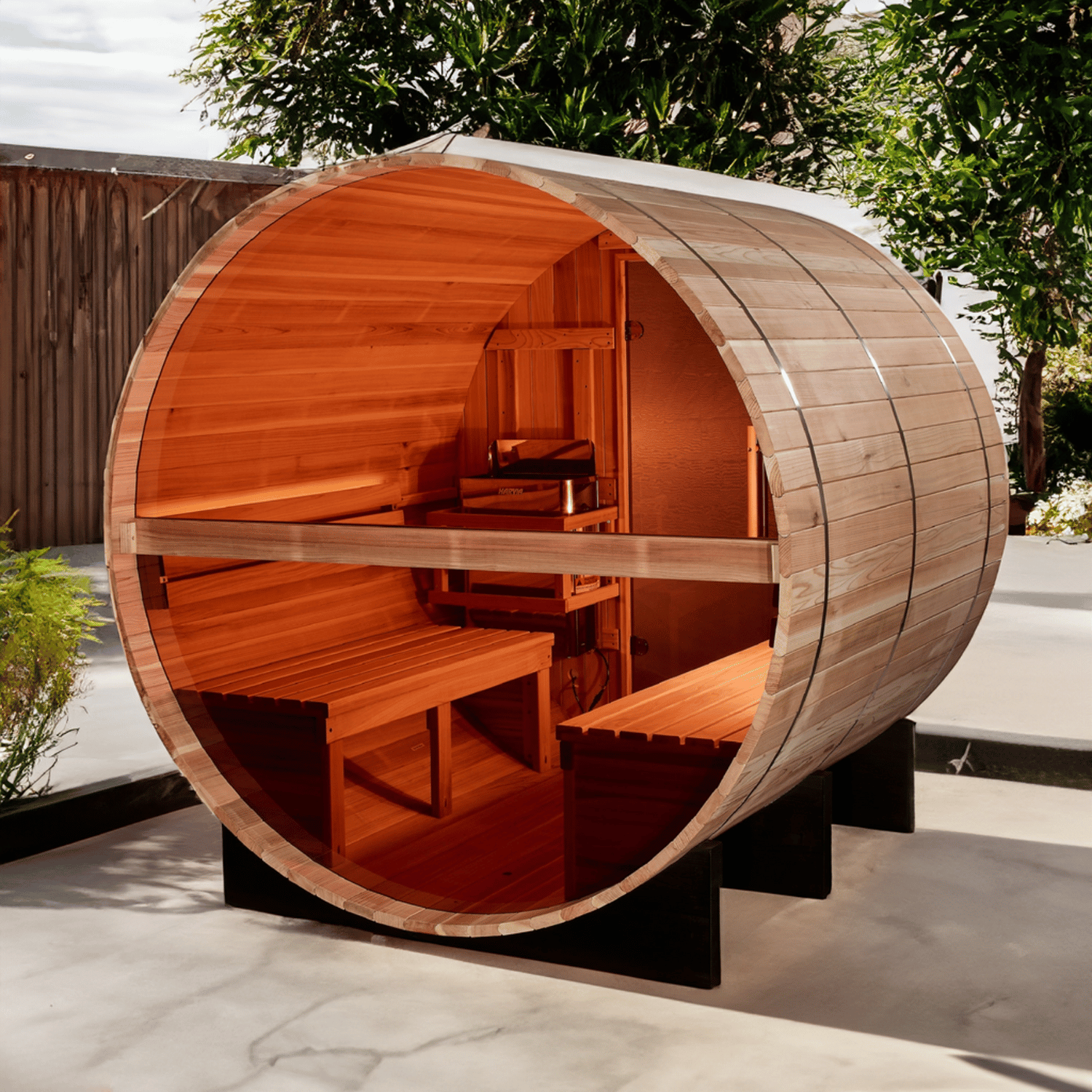 Golden Designs "Zurich" 4-Person Outdoor Barrel w/ Bronze Privacy View - Traditional Steam Sauna -  Pacific Cedar | GDI-B024-01
