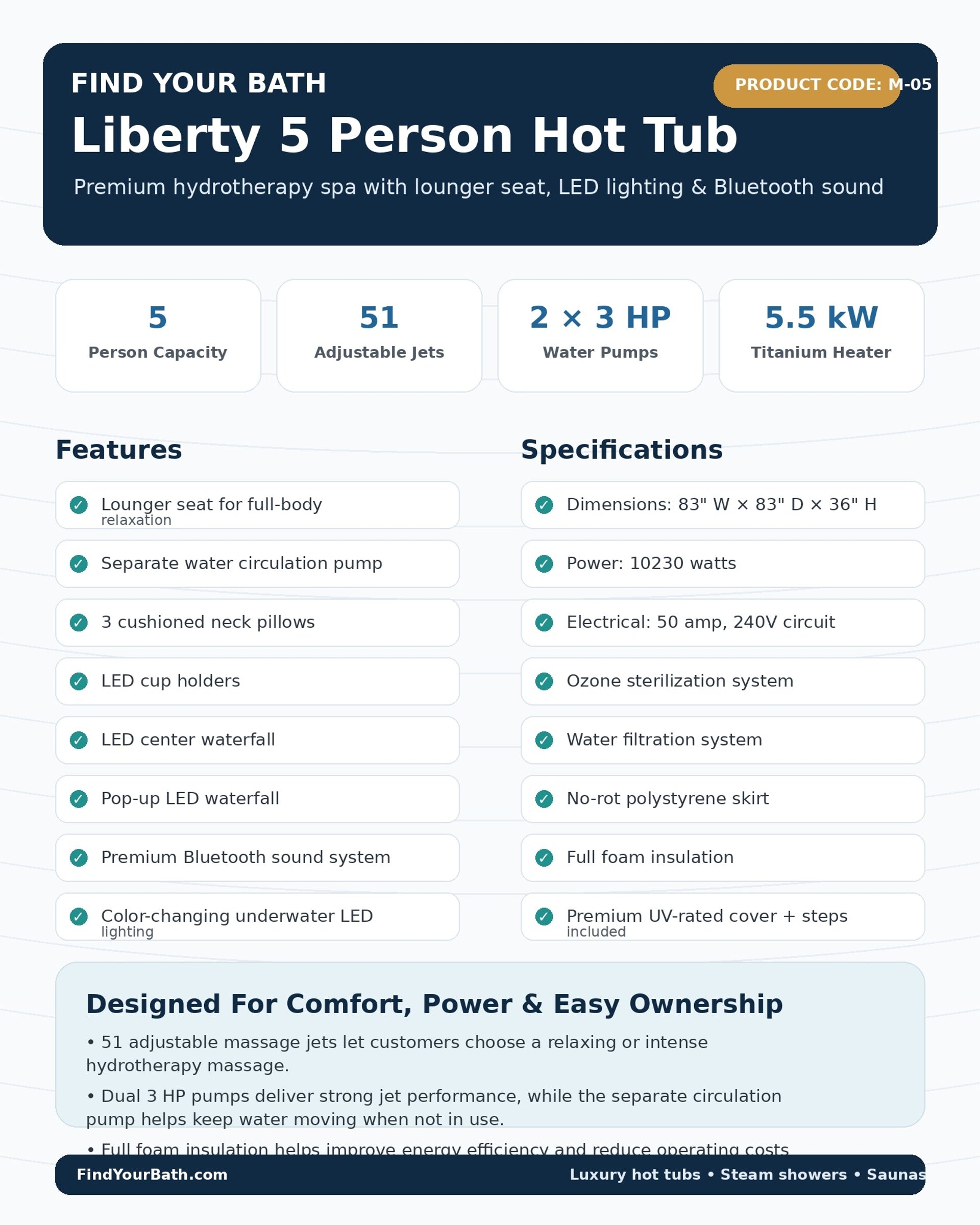 Liberty 5 Person Hot Tub with 51 Jets, LED Lighting & Bluetooth Sound